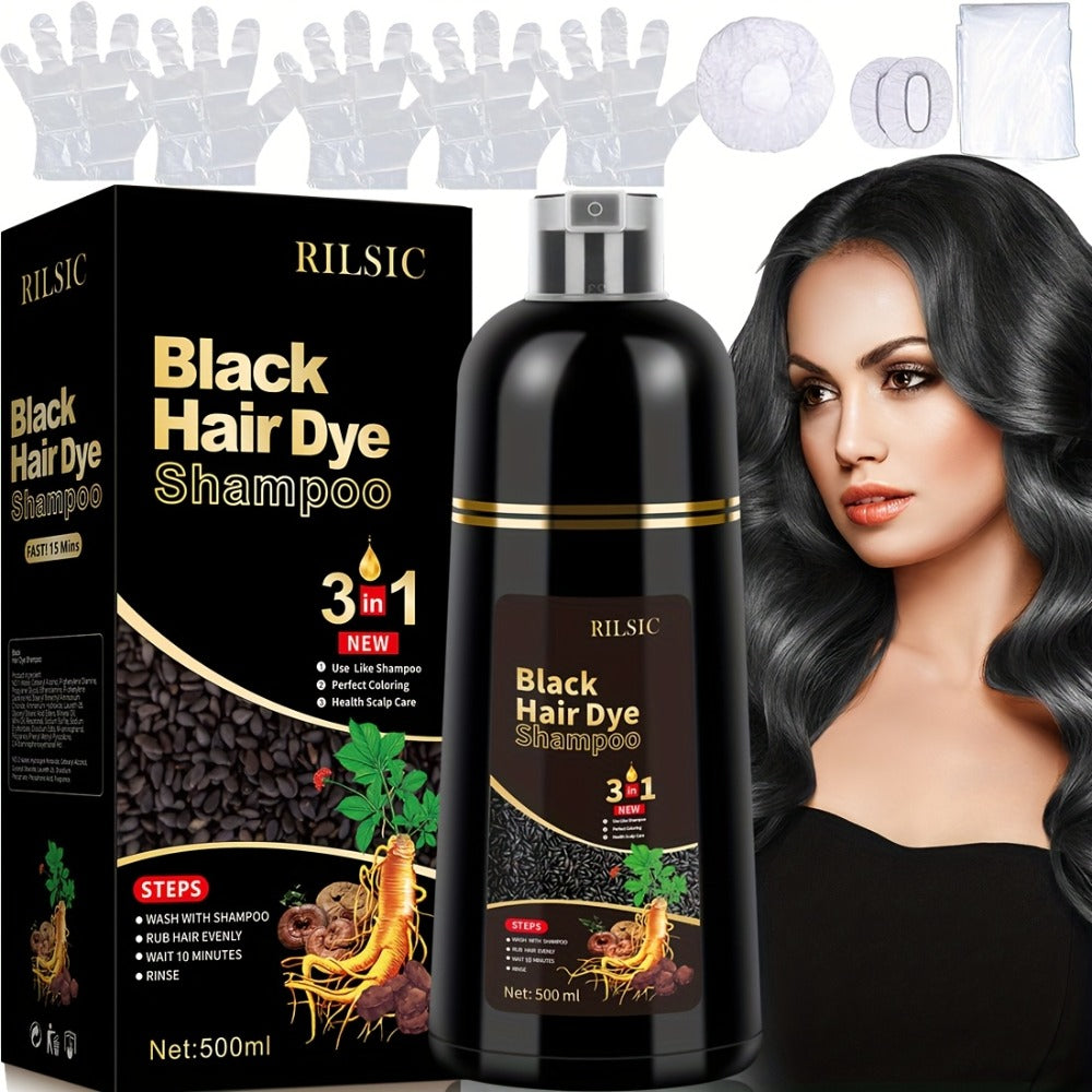 Hair Dye Shampoo, RILSIC 500ml Black 3-in-1 Single Bottle with Pump Dispenser for At-Home Color Application