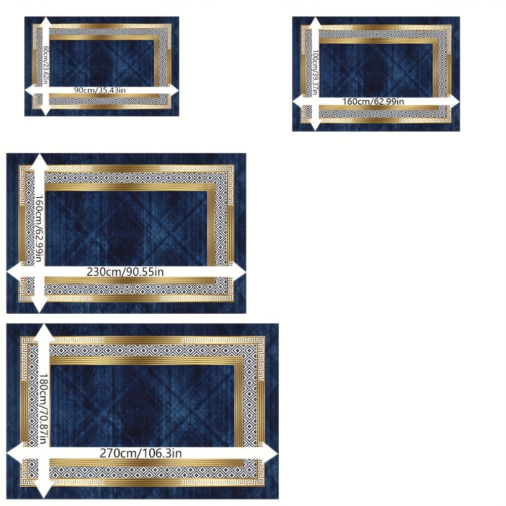 Navy Blue and Gold Geometric Area Rug with Four Exact Rectangular Size Options for Living Spaces