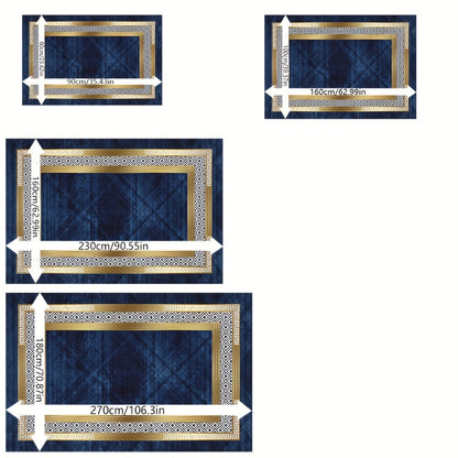 Navy Blue and Gold Geometric Area Rug with Four Exact Rectangular Size Options for Living Spaces