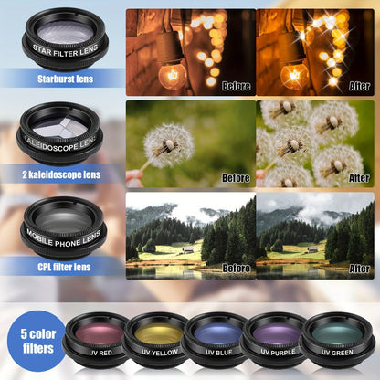 Sixteen-Piece Clip-On Phone Camera Lens Kit with Fisheye, Macro, Wide-Angle, CPL and Color Filters