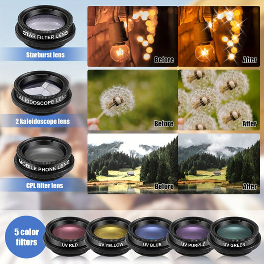 16-in-1 Phone Camera Lens Kit – Fisheye, Wide Angle, Macro, Kaleidoscope & CPL Clip-On Lenses + Selfie Light, Universal Smartphone Camera Upgrade for iPhone & Android, Travel & Content Creation