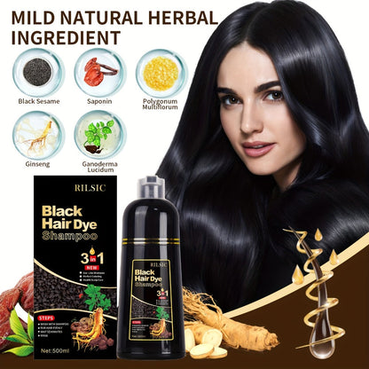 Grey Hair Dye Shampoo 3-in-1 Natural Plant-Based Herbal Formula — Non-Stick Scalp, Covers White Hair in Minutes, 500ml — Black, Dark Brown, Chestnut Brown for Men & Women