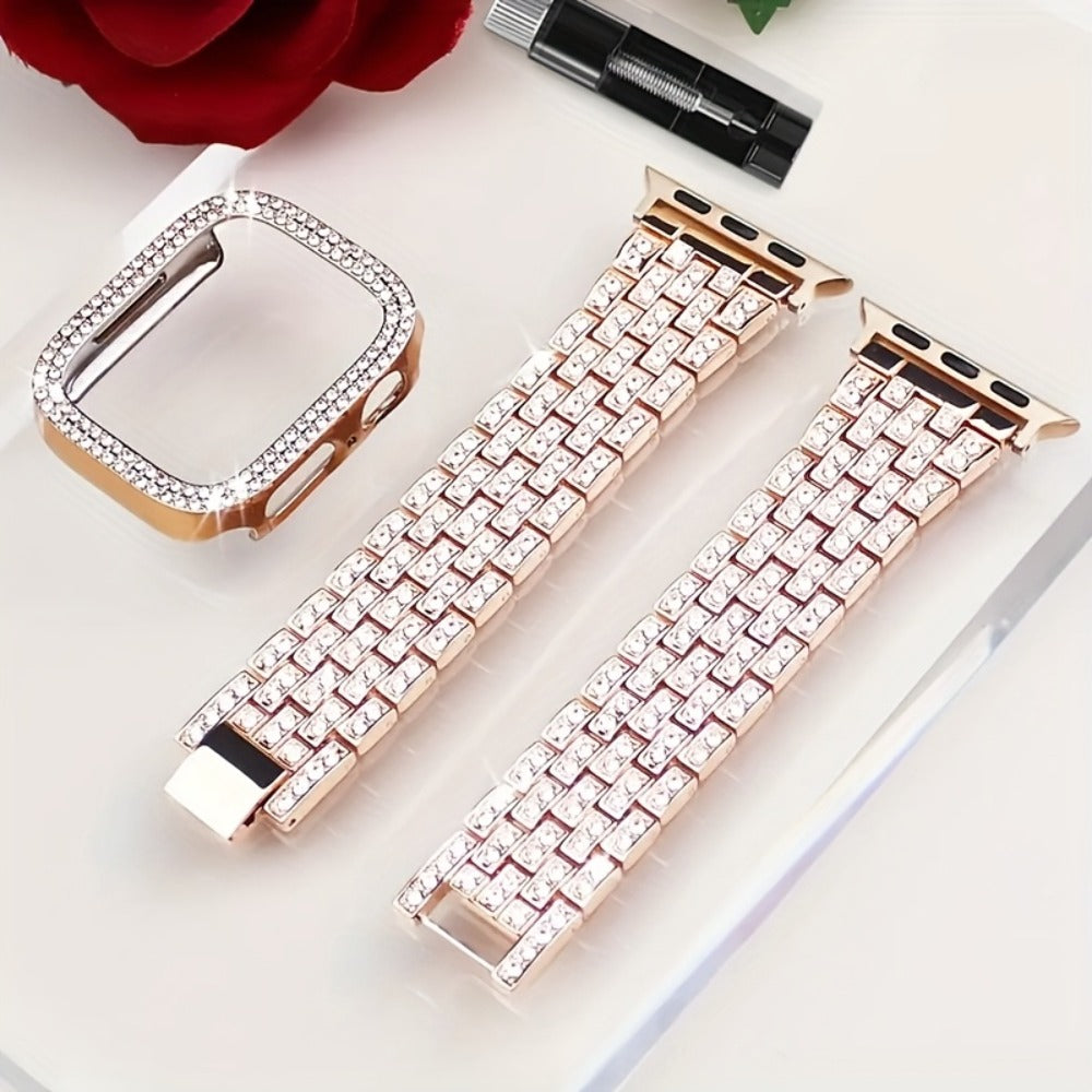Rhinestone Diamond Bling Apple Watch Band for Women Girls – Five-Point Diamond Double-Row Crystal Strap Compatible with Apple Watch Ultra 2 Series 10 9 8 7 6 5 4 3 2 1 SE 38 40 41 42 44 45 49mm Gift
