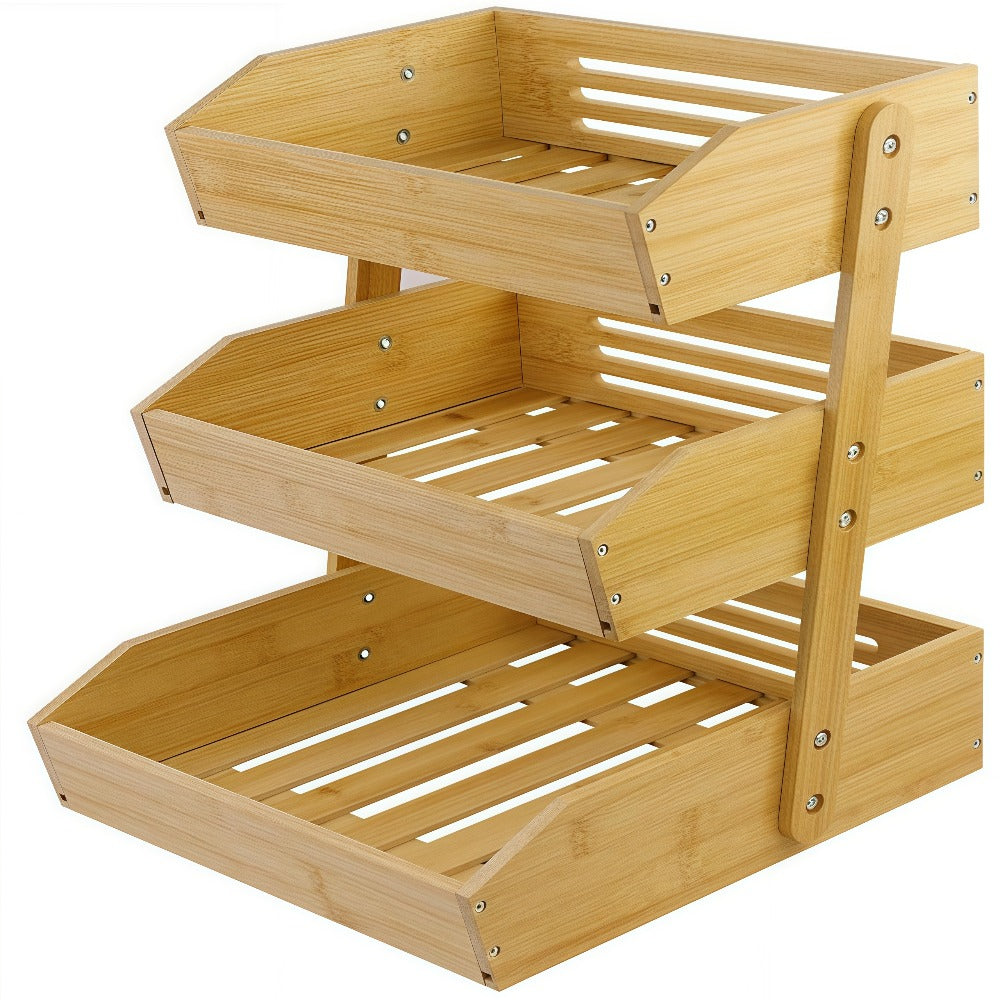 Fruit Rack Kitchen Organizer 2 or 3 Tier Natural Bamboo Freestanding Basket Shelf with Two Hooks