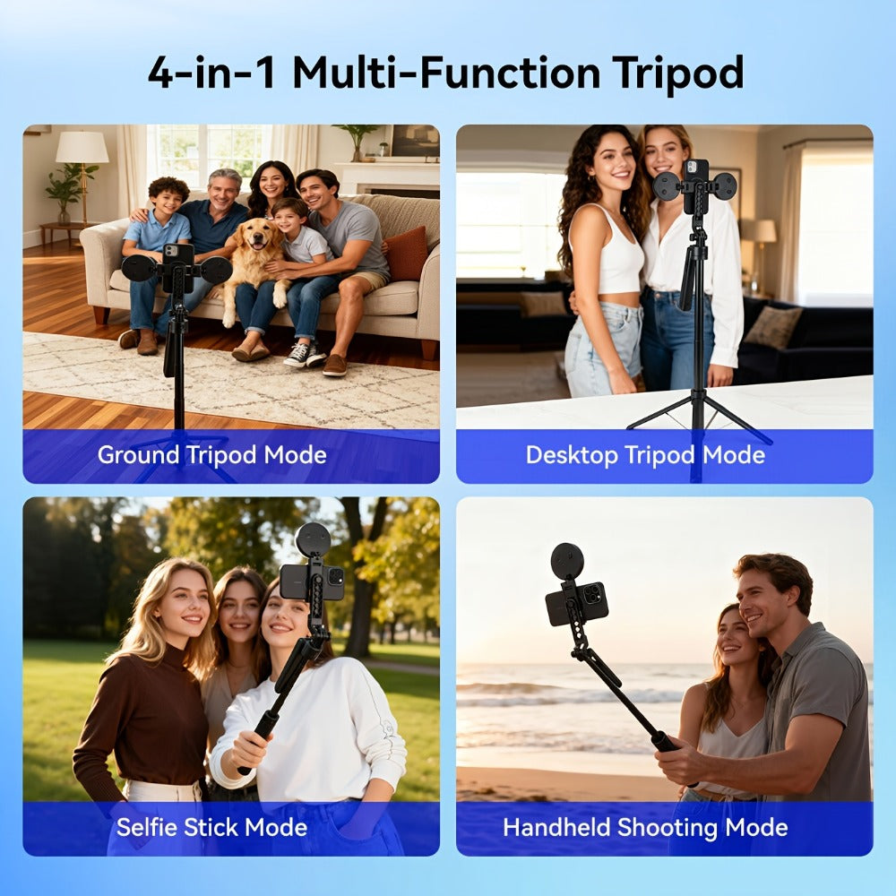 AI Selfie Stick Tripod with 360° Face Tracking, Built-In Fill Light & Wireless Remote – Sleek Metal Finish, Adjustable Height, Compatible with iPhone & Android for YouTube TikTok Vlogging Travel Photography