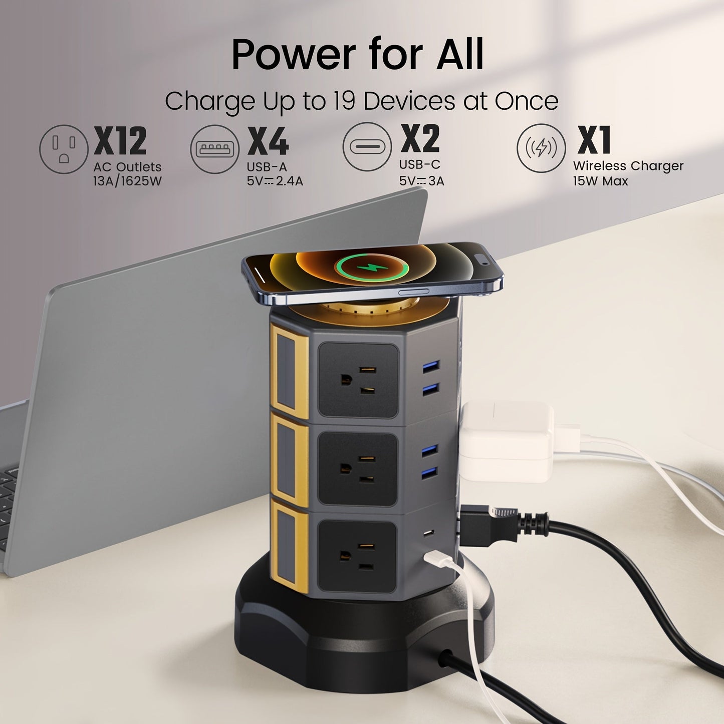 Surge-Protected Power Tower 13-in-1 with Wireless Charger, 9 AC Outlets & 4 USB Ports (2 USB-C PD18W), 1080J Surge Protector, 8ft Extension Cord – Multi-Color for Home Office Dorm