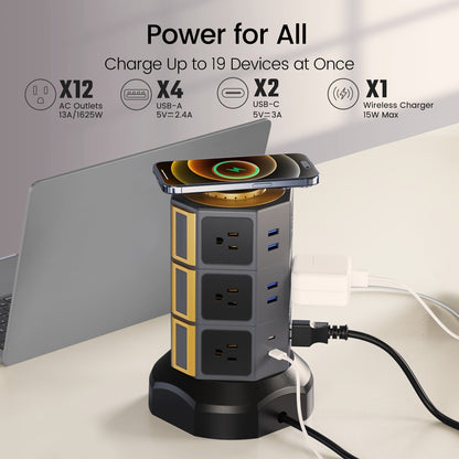 Surge-Protected Power Tower 13-in-1 with Wireless Charger, 9 AC Outlets & 4 USB Ports (2 USB-C PD18W), 1080J Surge Protector, 8ft Extension Cord – Multi-Color for Home Office Dorm