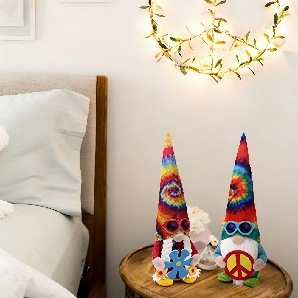 Hippie Gnomes Decorations 2 Pack – Groovy Tie Dye Tomte Figurines with Peace Sign & Fashion Glasses, 13.5" Swedish Gnome Shelf Sitters for Farmhouse, Christmas, Halloween & Party Decor