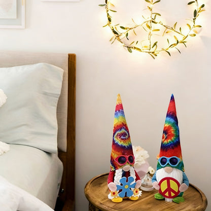 Hippie Gnomes Decorations 2 Pack – Groovy Tie Dye Tomte Figurines with Peace Sign & Fashion Glasses, 13.5" Swedish Gnome Shelf Sitters for Farmhouse, Christmas, Halloween & Party Decor