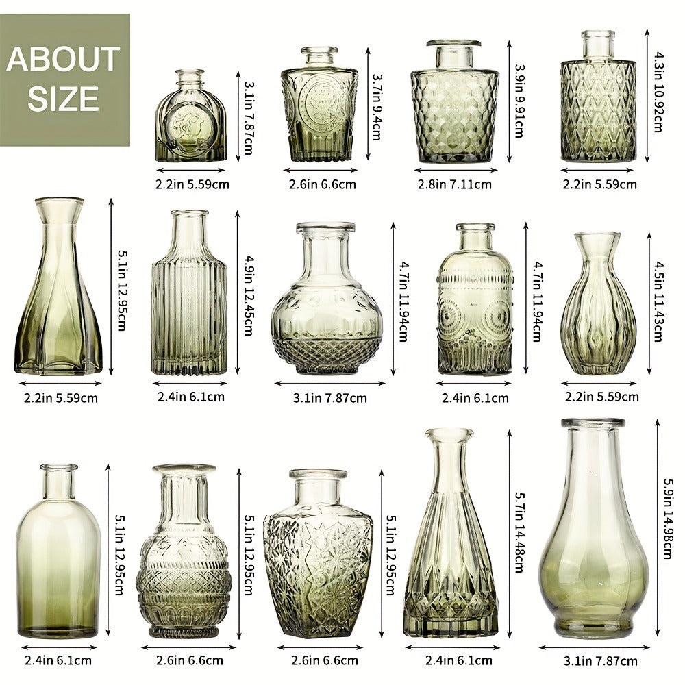 Gradient Green Mini Glass Bud Vases, 14-Piece Mixed Relief Bottle Set for Tables, Weddings and Shelf Decor
