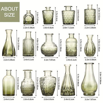 Gradient Green Mini Glass Bud Vases, 14-Piece Mixed Relief Bottle Set for Tables, Weddings and Shelf Decor