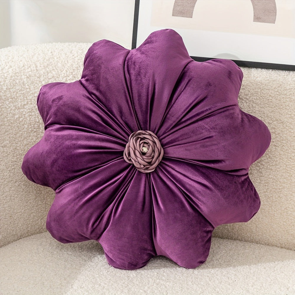 Velvet Flower Shaped Throw Pillow with Pillow Core Elegant Round Cushion Luxury Floral Pillow for Entryways, Bedrooms and Living Spaces
