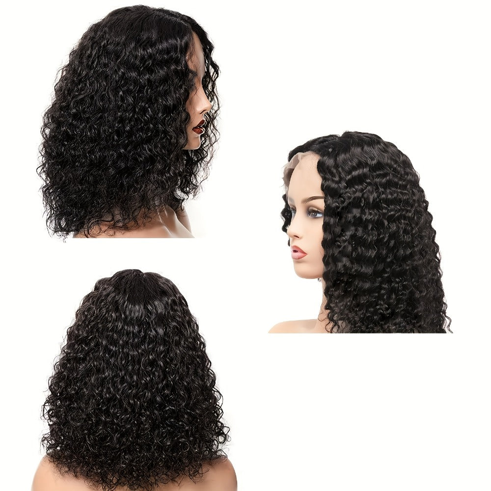 Short Water-Wave Synthetic Lace-Front Bob Wig with Deep Curls, Black Color and 14-Inch Length