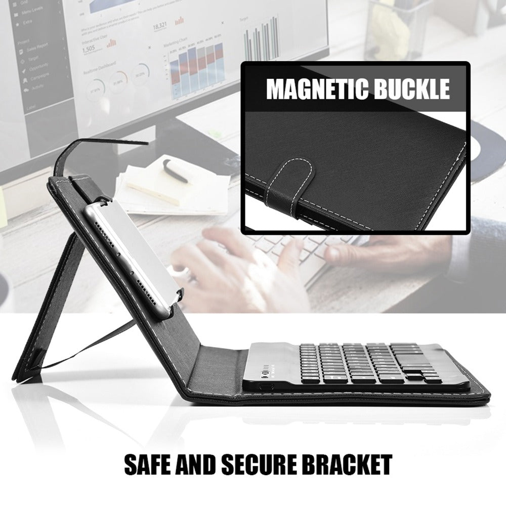 Collapsible Bluetooth Keyboard with Built-In Phone Stand – Wireless Portable Keyboard for Smartphones Tablets Laptops, Compatible with iOS Android Windows, PU Leather Case, Black Business Travel Keyboard