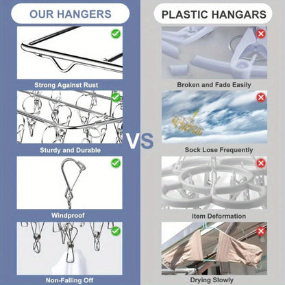 Stainless Steel Hanging Laundry Drying Rack with Square or Round Frame and 30, 40 or 50 Garment Clips