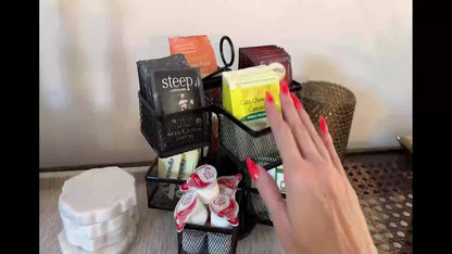 Eight-Basket Rotating Tea Bag Organizer with Black Mesh Carousel, 9.4-Inch Height and 4.5-Inch Base