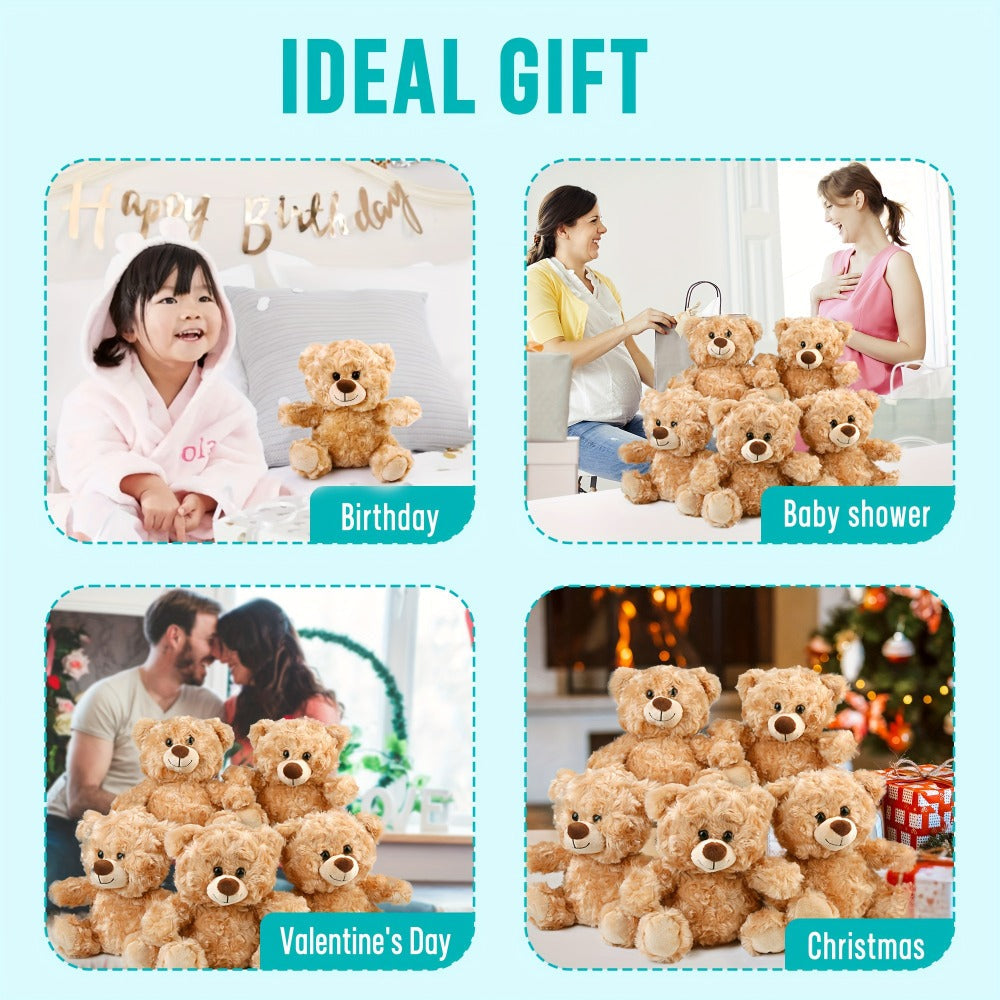 Five-Piece 8-Inch Shaggy Teddy Bear Set with Beige Plush Finish for Party Favors and Gift Bags
