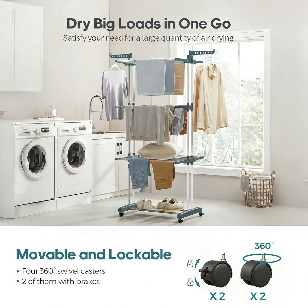 Four-Tier Foldable Metal Clothes Drying Rack with Casters for Up to 30 Garments and Small Spaces