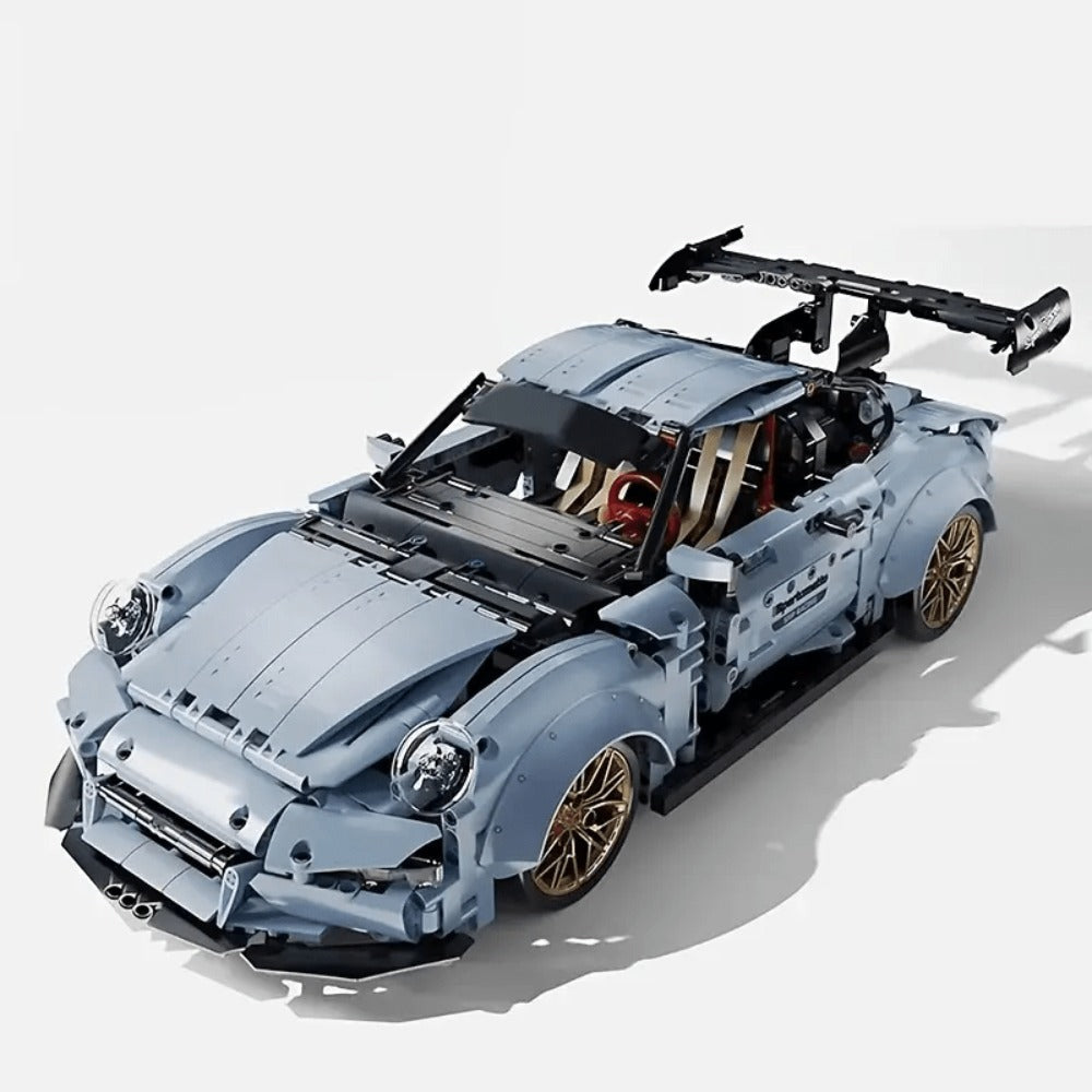 Misty Blue Lowrider Sports Car Building Block Model with 2,100 Pieces, Two Checkout Sets and Display Stand