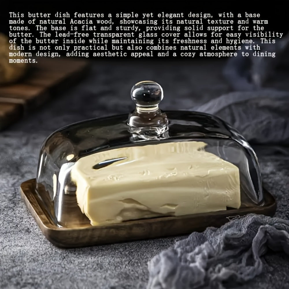Wooden Butter Dish with Glass Lid | Retro Multifunctional Serving Tray for Cakes Fruits Snacks Desserts Weddings Parties Kitchen Countertop Display