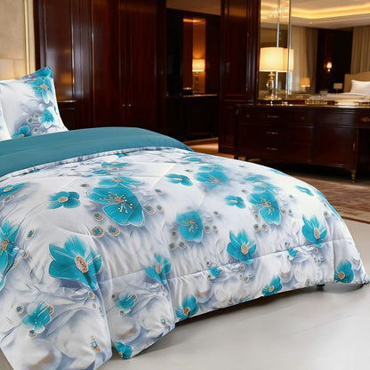 Teal Floral Comforter Set Twin Queen King Gradient Oil Painting Style Botanical Luxury Quilt Bedding Soft Microfiber All Season Bed in a Bag Gift