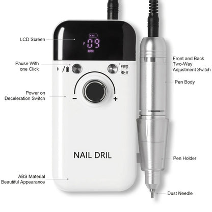 Electric Nail Drill 45000 RPM Rechargeable Kit with LCD, Forward Reverse and Four Color Options