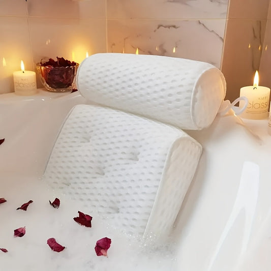 Bath Pillow 4D Grid Neck and Back Support Bathtub Cushion with 6 Suction Cups, Hooks, Quick-Dry & Machine Washable Spa Pillow for Tub Relaxation, Home Bathroom Accessory