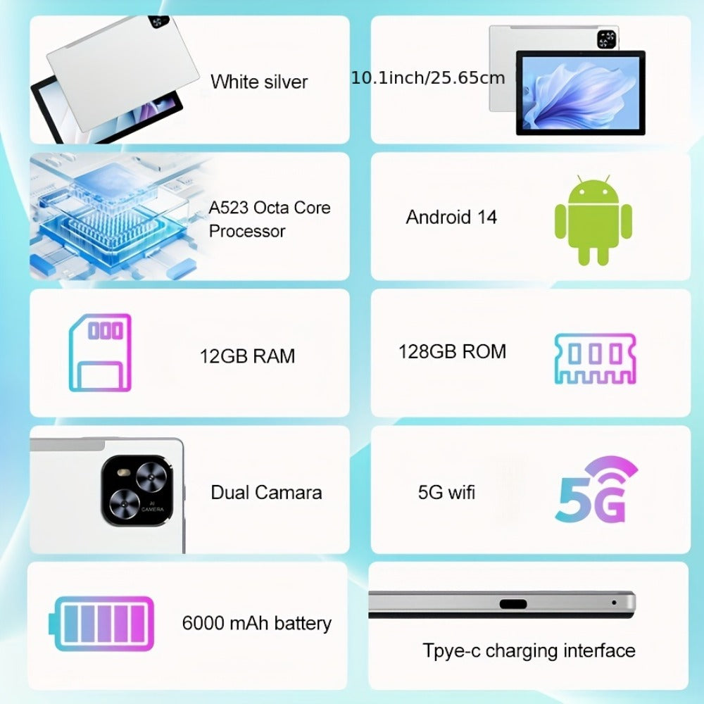 2-in-1 Tablet 10.1 Inch Android 14 12GB RAM 128GB ROM Octa-Core 5G WiFi 6 GMS Certified IPS 1280x800 Display with Keyboard Mouse Case Stylus USB OTG Dual Camera Portable Tablet PC Silver