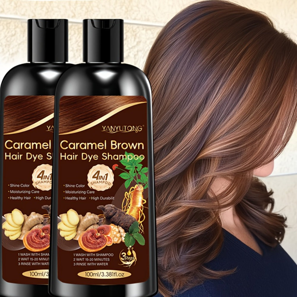 Hair Color Shampoo, YANYUTONG 4-in-1 Caramel Brown Two-Bottle Set with 3.38oz in Each Bottle