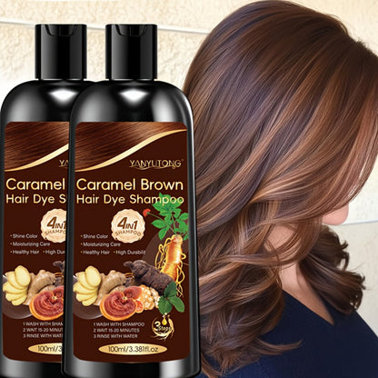 Hair Color Shampoo, YANYUTONG 4-in-1 Caramel Brown Two-Bottle Set with 3.38oz in Each Bottle