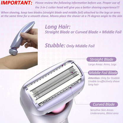 Bikini Shaver for Women Waterproof Rechargeable Stainless Steel Blade Electric Body Hair Razor – Wet & Dry Pubic Legs Arms Underarm Hair Removal, Portable Close Shave Purple