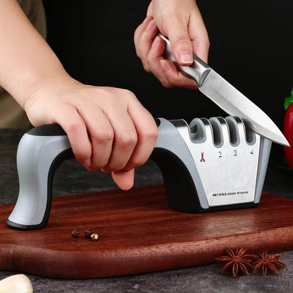 Four-Stage Manual Knife and Scissors Sharpener in Grey with Curved Handle and Four Guided Slots