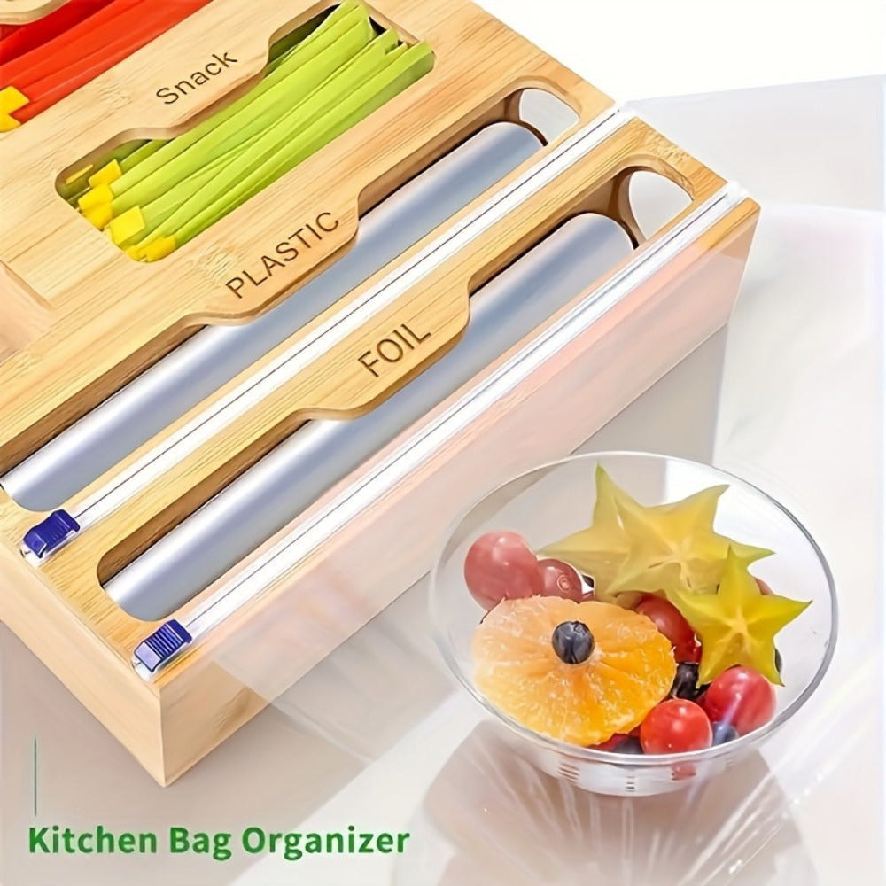 Foil and Bag Dispenser Kitchen Organizer 6-in-1 Bamboo Drawer Box with Built-In Cutter for Home Storage