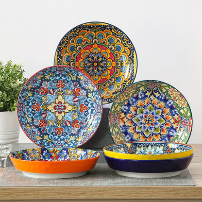 Bohemian Pasta Bowls Set of 6 | 32 Oz Porcelain, Floral Pattern, Microwave & Dishwasher Safe – VANCASSO