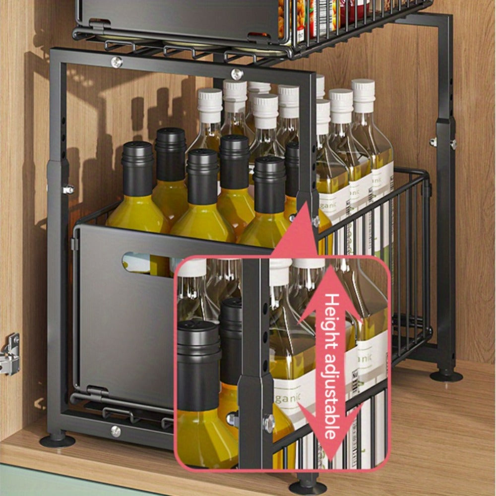 Under Sink Organizer 2-Tier Slide Out – Heavy Duty Metal Cabinet Shelf, Adjustable Space-Saving Storage Rack for Kitchen & Bathroom Cabinets, Pull Out Drawer Organizer