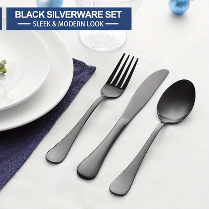 Stainless Steel Flatware Set with Steak Knives – 24/48 Piece Silverware Set Service for 4 or 8, Mirror Polished Cutlery, Dishwasher Safe, Silver & Black