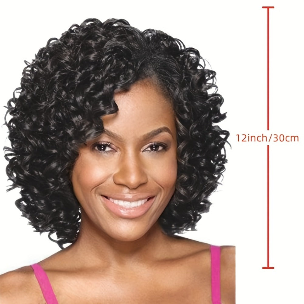 Synthetic Wig 12-Inch Short Kinky Curly Afro with Elastic Cap in Black or Mixed Brown for Daily Looks