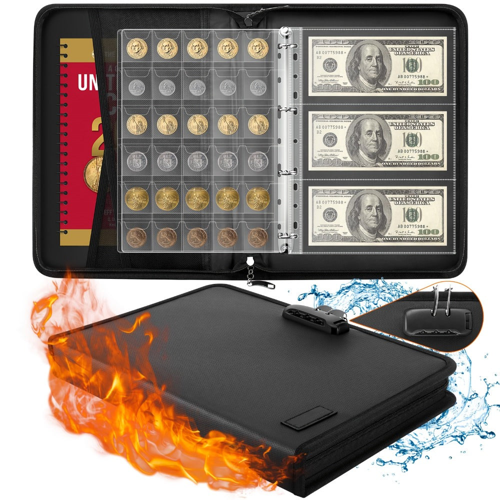 Locking Coin and Currency Collection Album with 300 Coin Pockets and 72 Bill Sleeves in a Black Carrying Case
