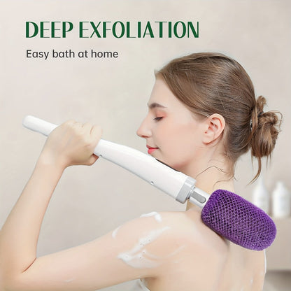Electric Body Scrubber Brush 3 Replaceable Heads Dual Speed Shower Back Cleaner Exfoliating Skin Cleansing Massage African Bath Sponge Long Handle for Women Men Home Spa Daily Use