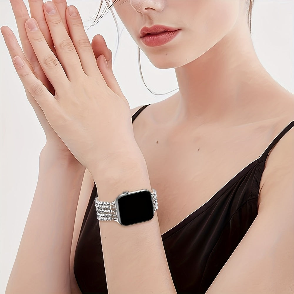 Watch Band with Stainless Steel Beads and Elastic Slip-On Design in Four Finishes for Apple Watch Sizes