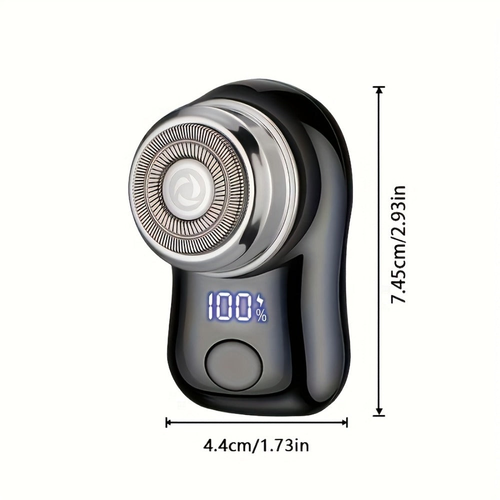 Compact Black Dual-Ring Rotary Electric Razor with Digital Battery Display, USB Cable and Travel-Size Body