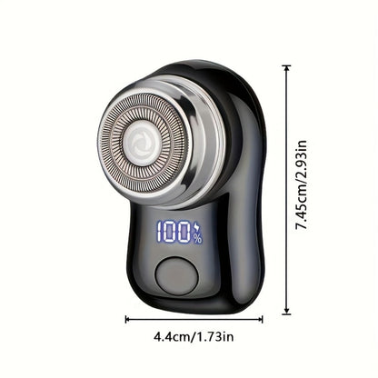 Compact Black Dual-Ring Rotary Electric Razor with Digital Battery Display, USB Cable and Travel-Size Body