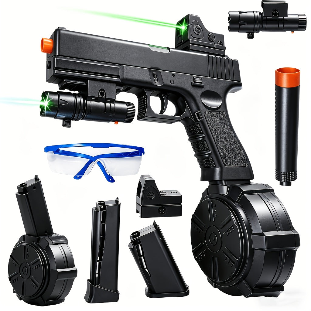 Black Electric Gel Blaster Set with Three Magazine Styles, Sight, Flashlight, Goggles and Charging Cable