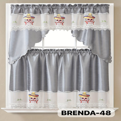 Three-Piece Patterned Kitchen Curtain Set with One Valance, Two Tiers and Forty-Six Exact Design Options