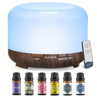 Ultrasonic Essential Oil Diffuser with Remote Control, Seven-Color Light and 300 ml or 500 ml Capacity