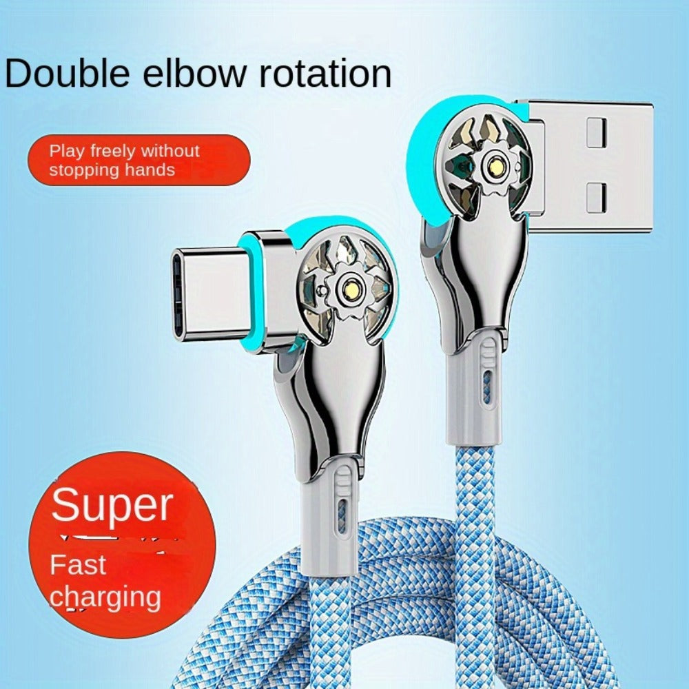 Double-Elbow USB-C to USB-C Cable with Rotating Right-Angle Connectors, Blue LED Accents and 2 m Length
