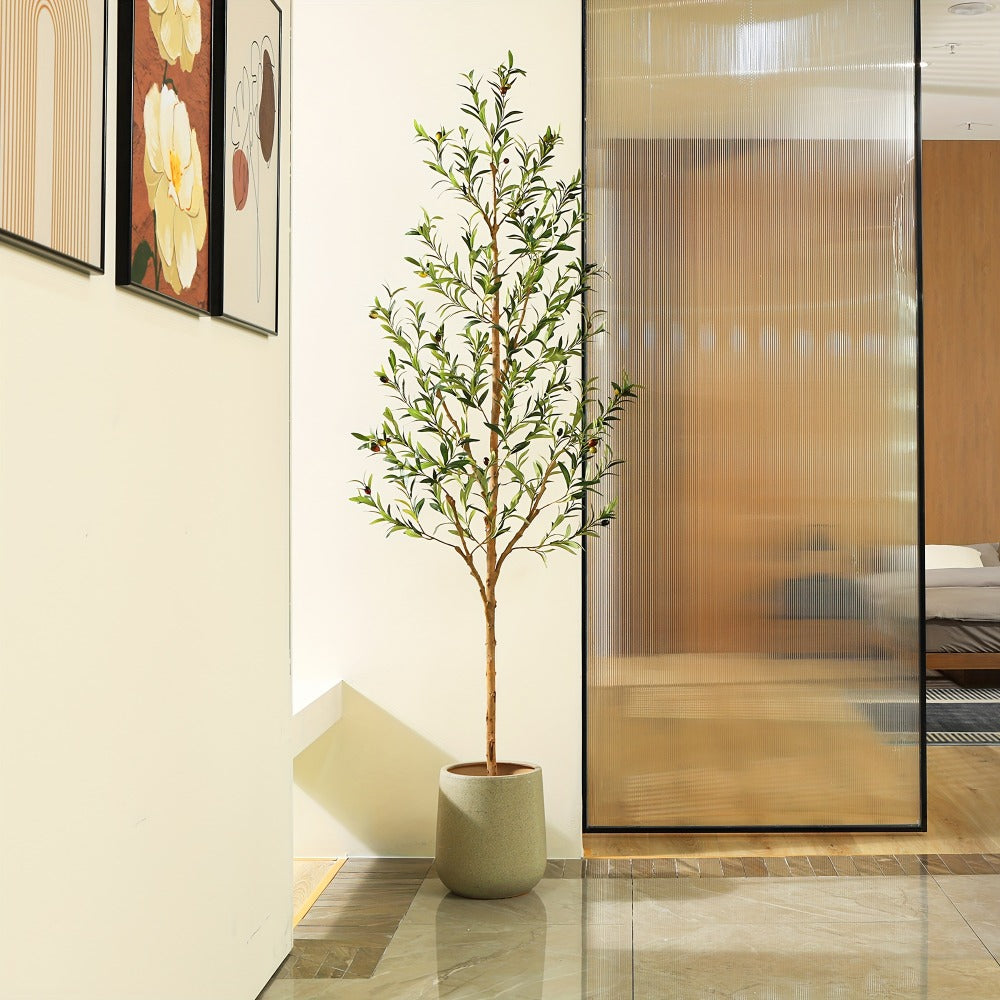 Slender Potted Olive Artificial Tree with Complete 4, 5, 6 and 7 ft Height Options and Faux Fruit Detail