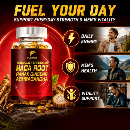 Men's Vitality Capsules with Tribulus Terrestris, Maca Root, Panax Ginseng & Ashwagandha – Daily Immune & Energy Support Supplement for Men | 120 Capsules | ShopVora UK