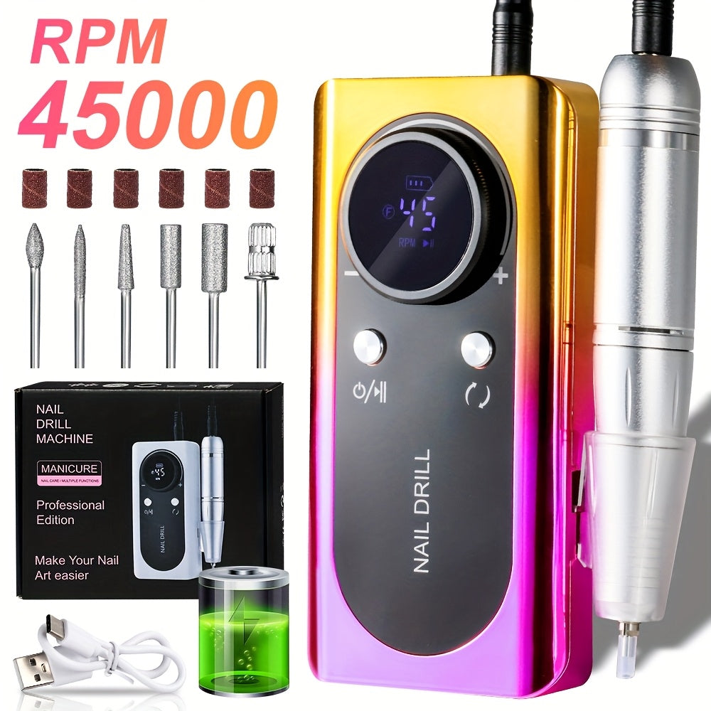 Electric Nail Drill Machine 45000RPM with LCD Display — Rechargeable Cordless E-File Professional High-Speed Nail Sander for Acrylic Gel Polish Natural Nails, Salon & Home Manicure Pedicure Tool