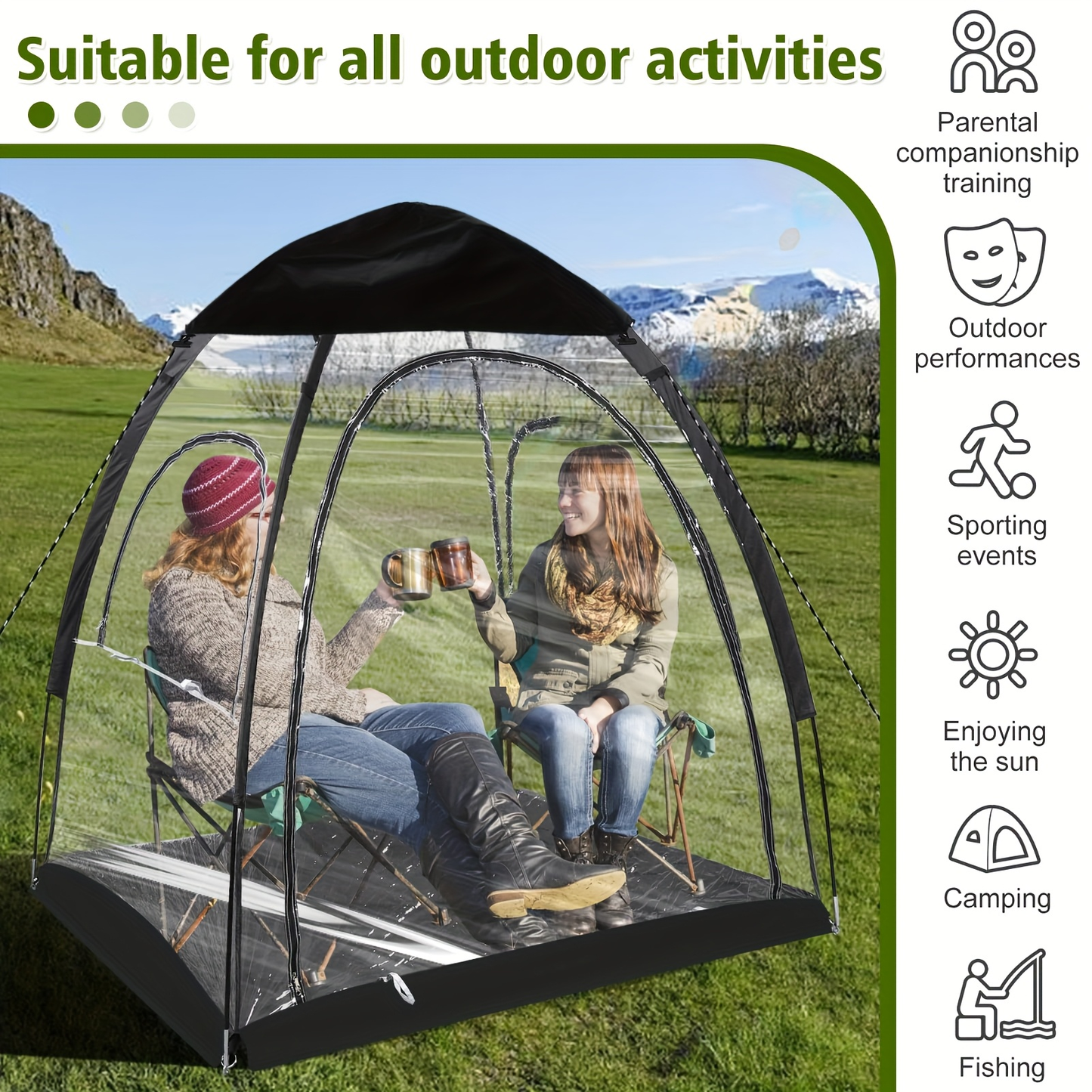 Camping Tent Transparent Oxford Rain Shelter with Ventilation Panels, Zipper Entry and Two Colors